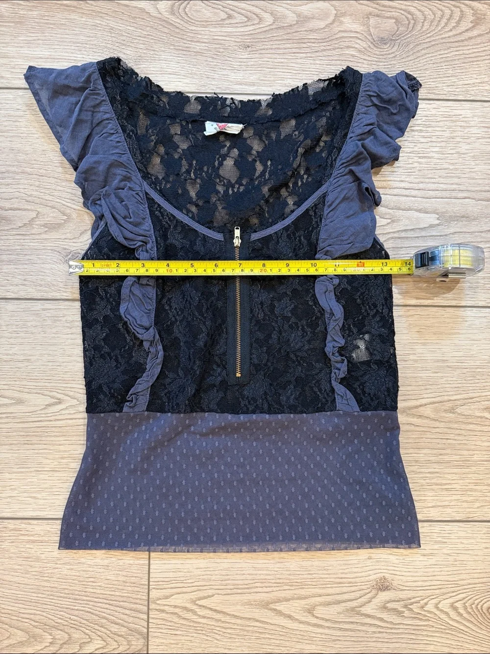 Free People Black Lace Ruffle Mixed-Media Top size 4
